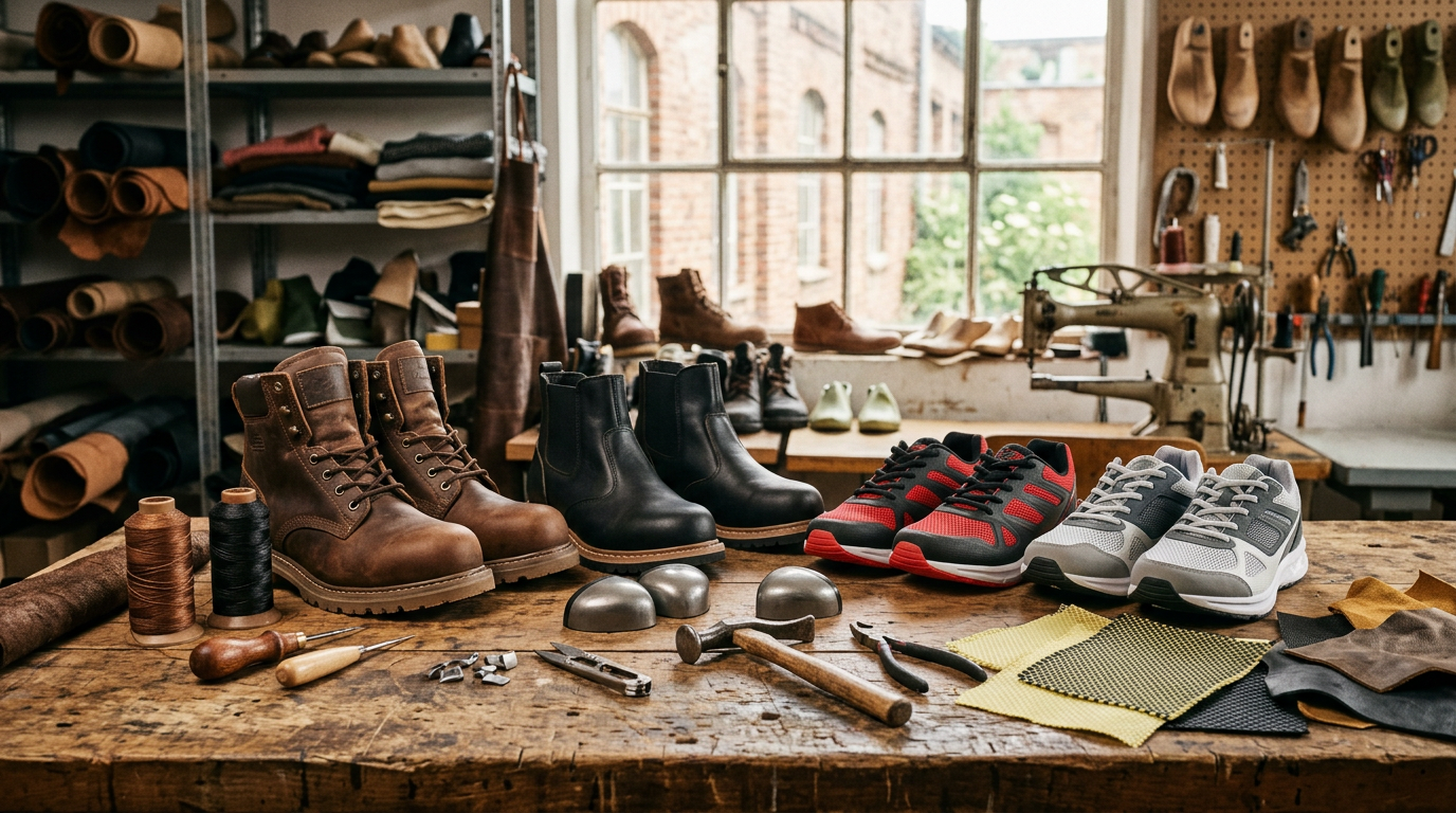 Atelier Hitmars con scarpe antinfortunistiche, sneaker e materiali tecnici come puntali in acciaio e tessuto Kevlar