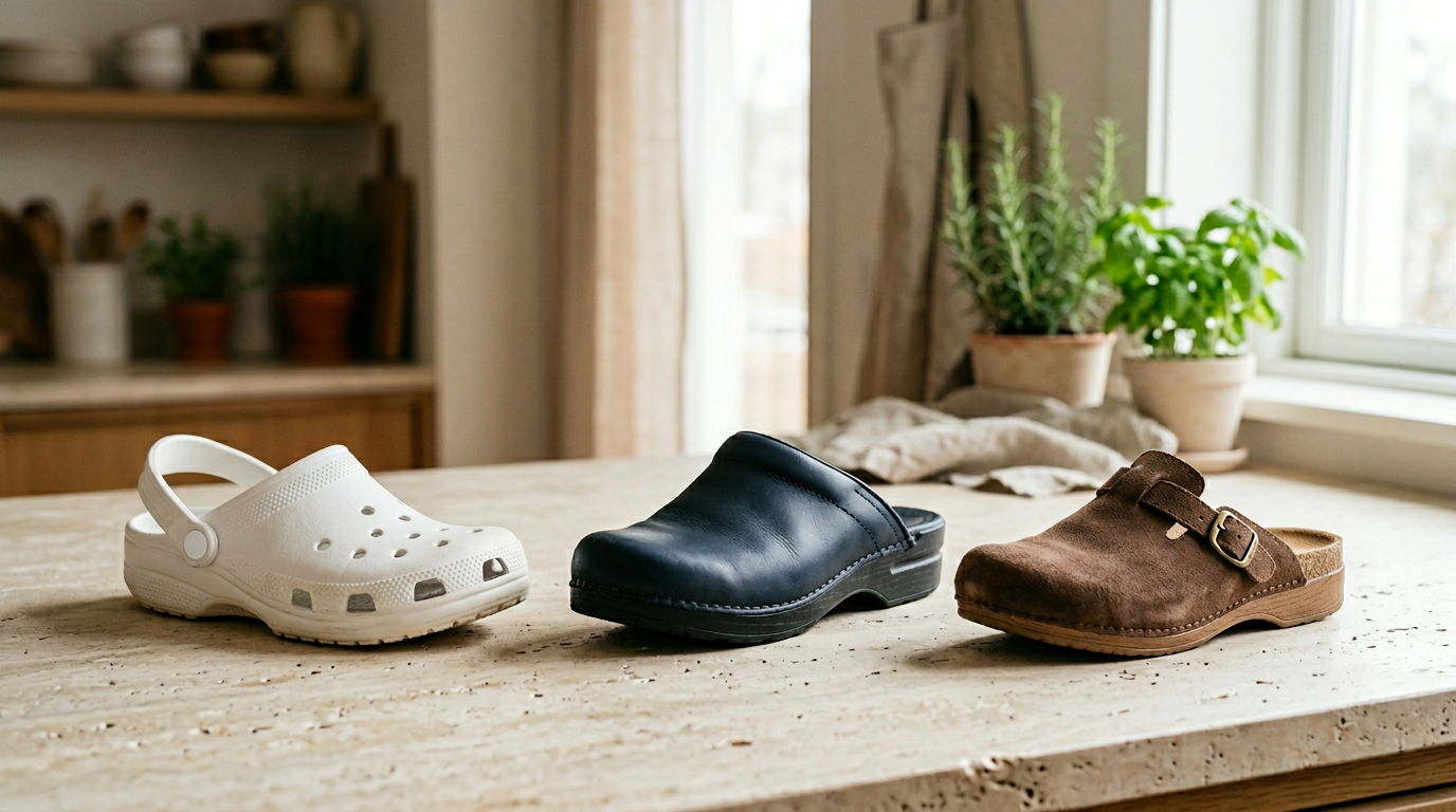 Ciabatte Hitmars: sabot bianco da cucina, sabot blu navy da lavoro e clog in camoscio marrone