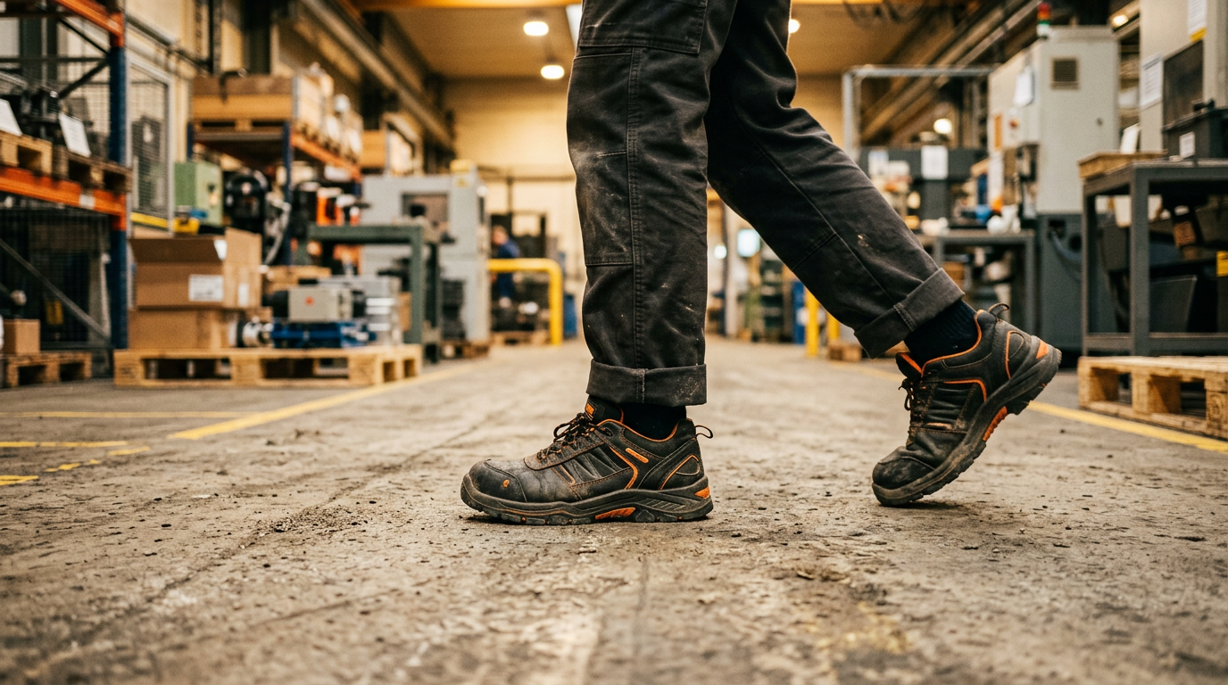 Operaio che indossa scarpe antinfortunistiche Hitmars in magazzino industriale