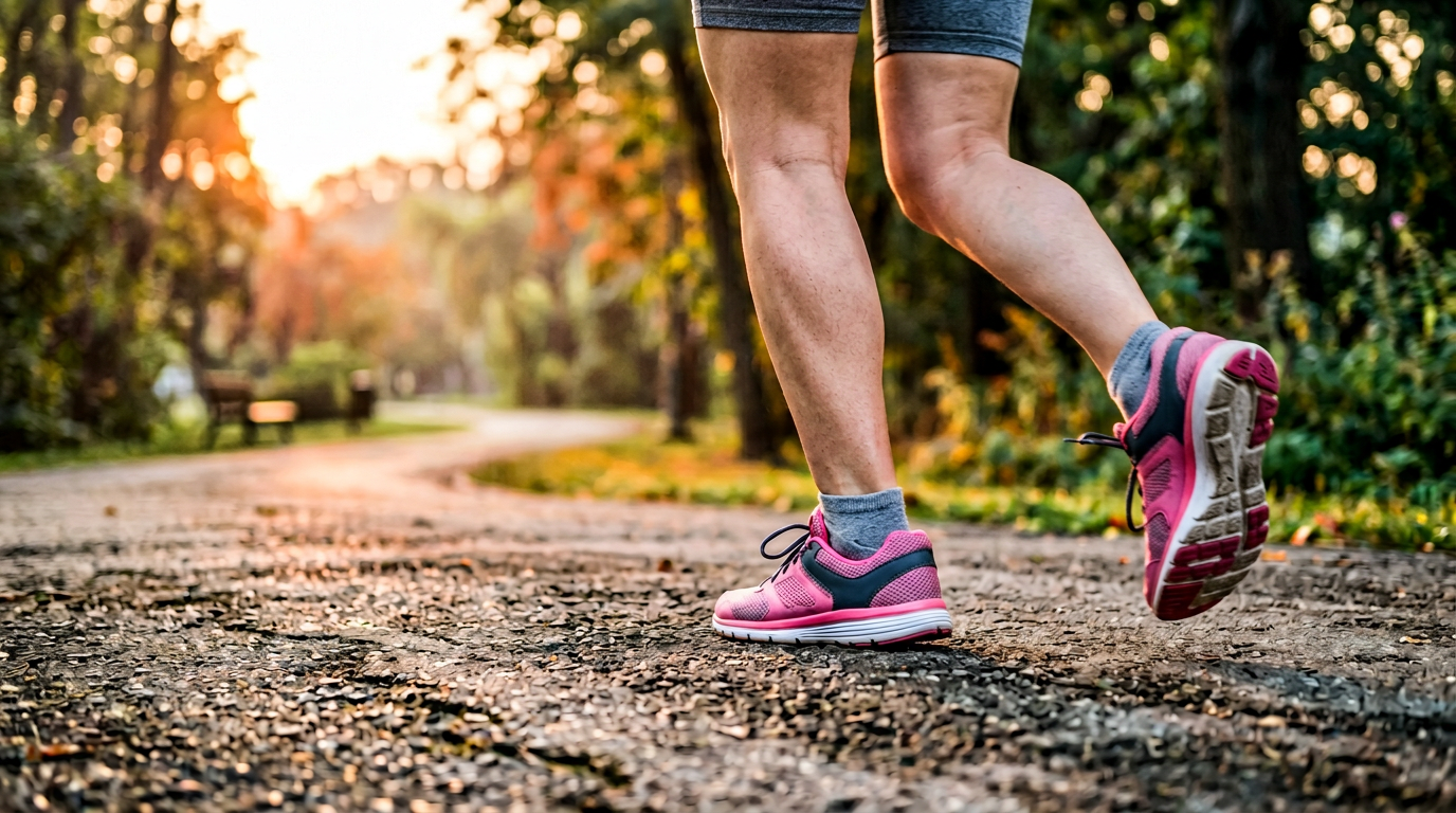 Runner con sneaker Hitmars rosa durante una corsa in un parco al tramonto