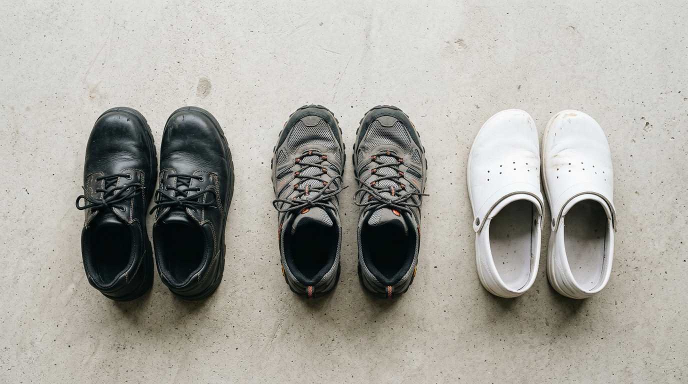 Tre paia di scarpe Hitmars allineate: antinfortunistica, trail e sabot da cucina