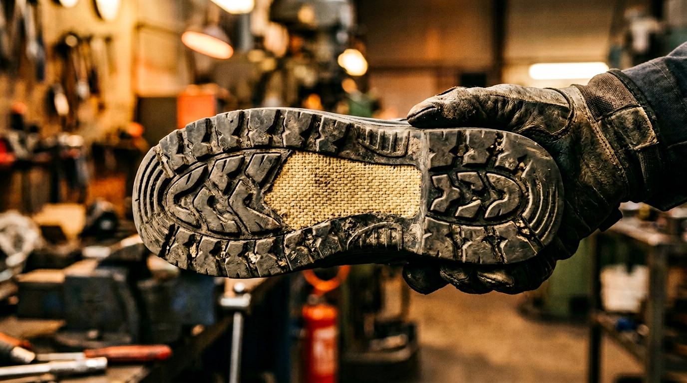Dettaglio della suola di una scarpa antinfortunistica Hitmars con lamina in Kevlar
