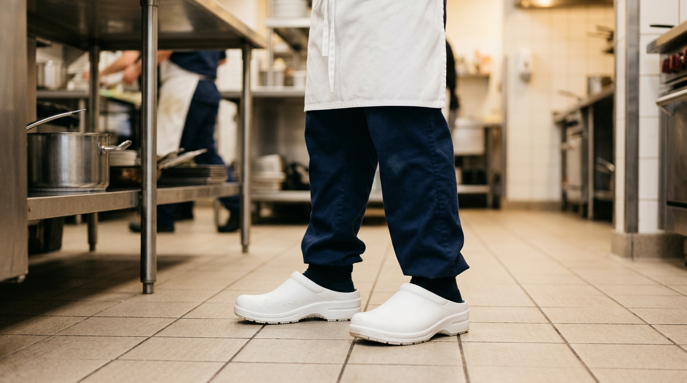 Cuoco professionale con sabot antiscivolo Hitmars in cucina di ristorante