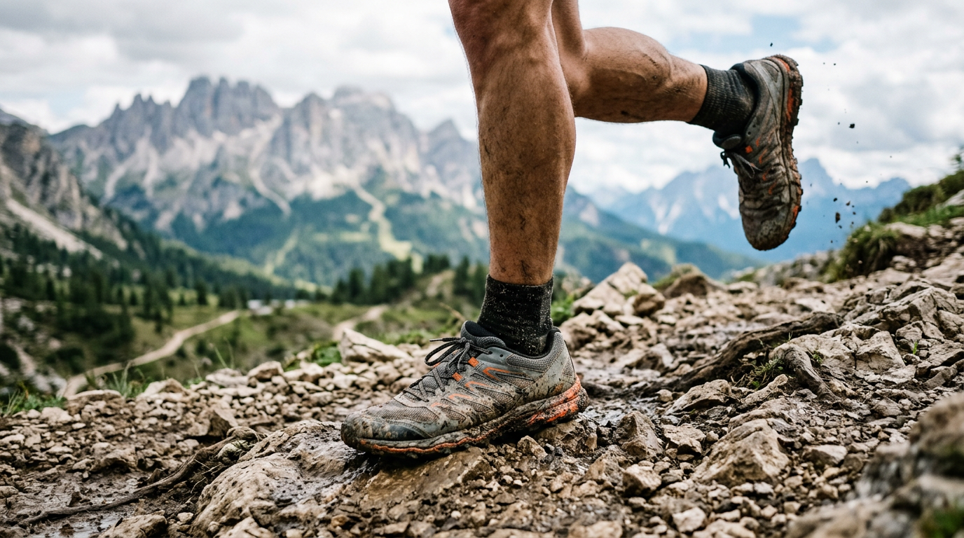Trail runner con scarpe Hitmars grigie e arancioni su sentiero di montagna