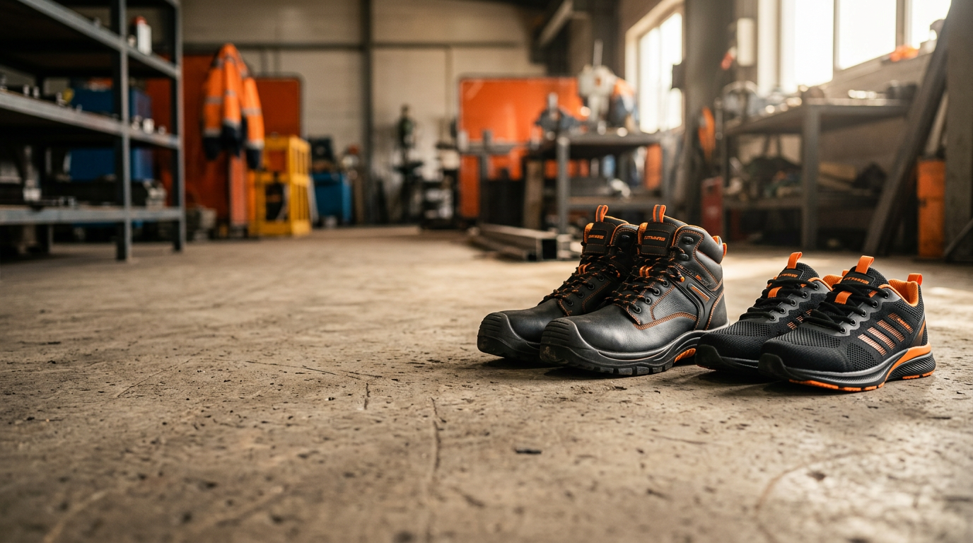 Collezione Hitmars Scarpe con modello antinfortunistico e sneaker sportiva su pavimento industriale