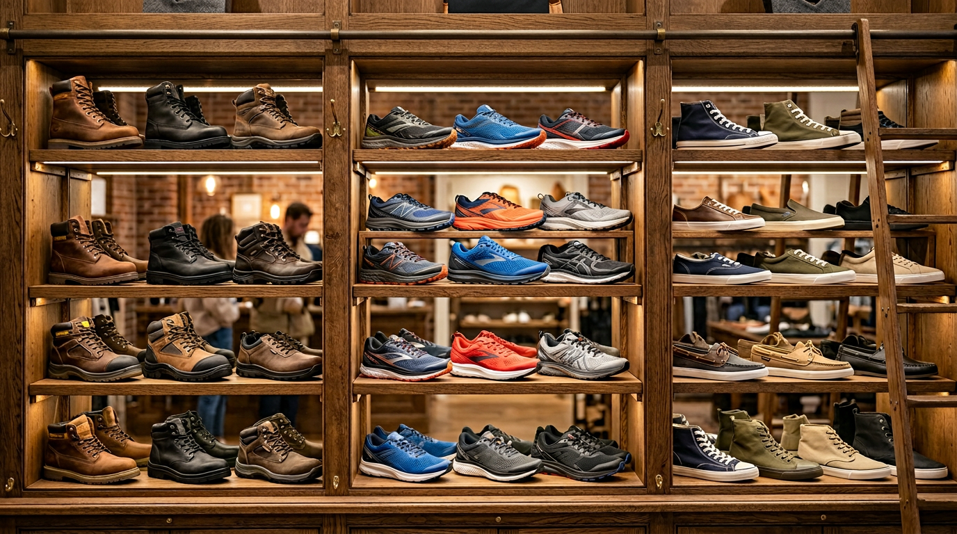 Display della gamma Hitmars con scarpe antinfortunistiche, sneaker e casual su scaffali in legno