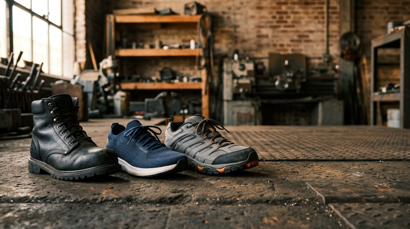 Collezione uomo Hitmars con anfibio antinfortunistico, sneaker knit blu e scarpa trail grigia